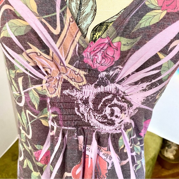 ❗️3/$10 TATTOO TUNIC TOP SUBLIMATION BLOUSE ROSE HEARTS CROSS BUTTERFLY PETITE L - Picture 2 of 3